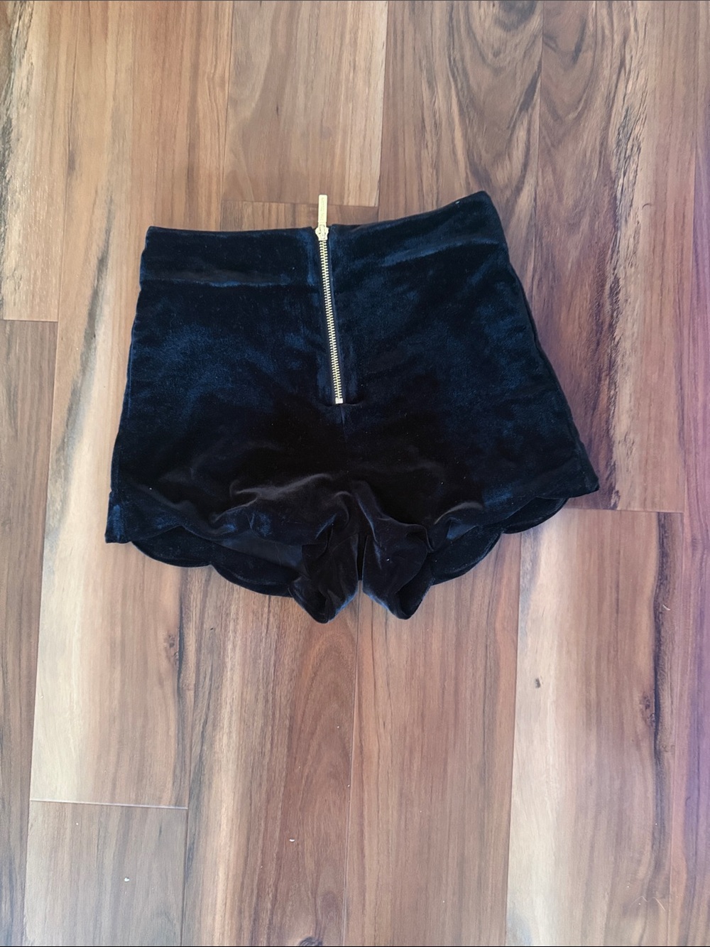 True Religion Black Velvet High-Waist Scallop-Hem Shorts with Gold Zip